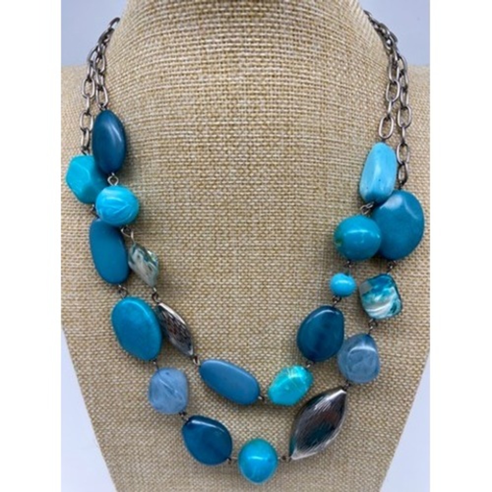 New York Necklace Blue Turquoise Chunky Double Strand Statement Silver‎